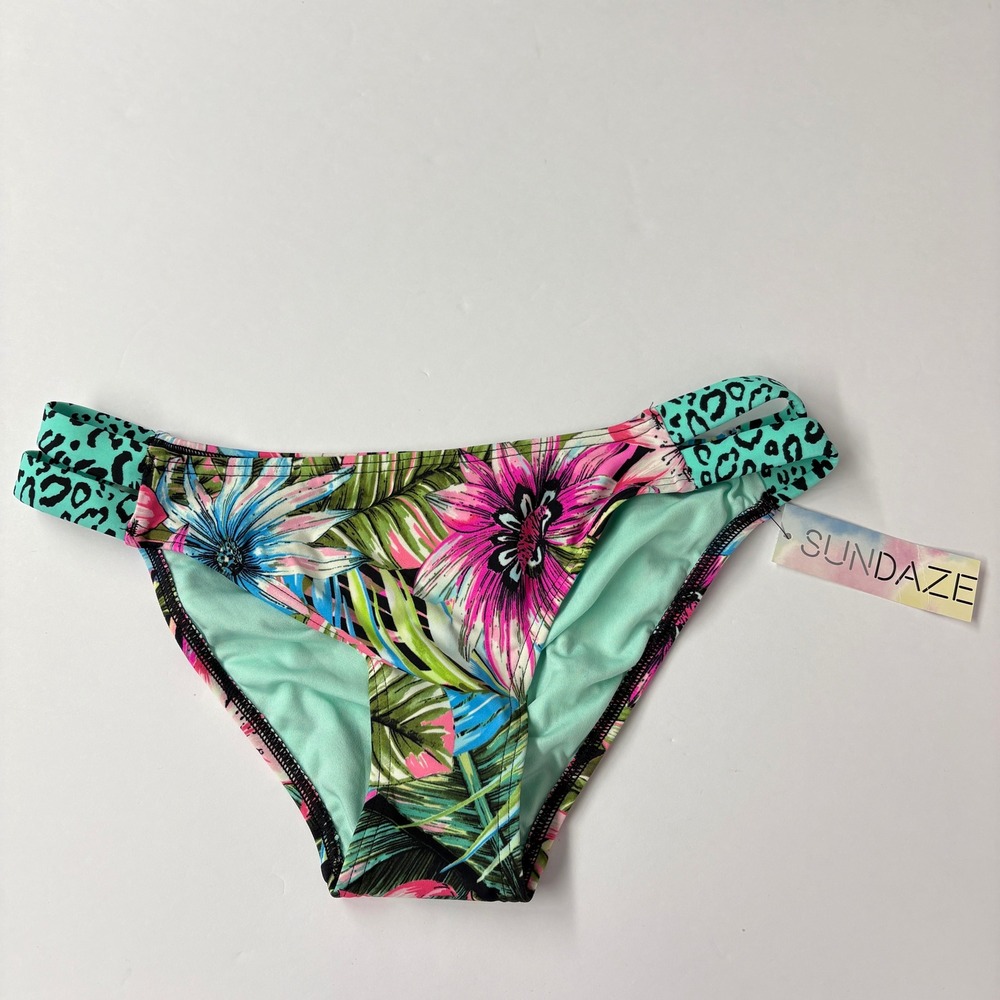 NWT Sundazed Women Bikini Bottom M Multi Tropical Leopard Sasha Strappy F05013